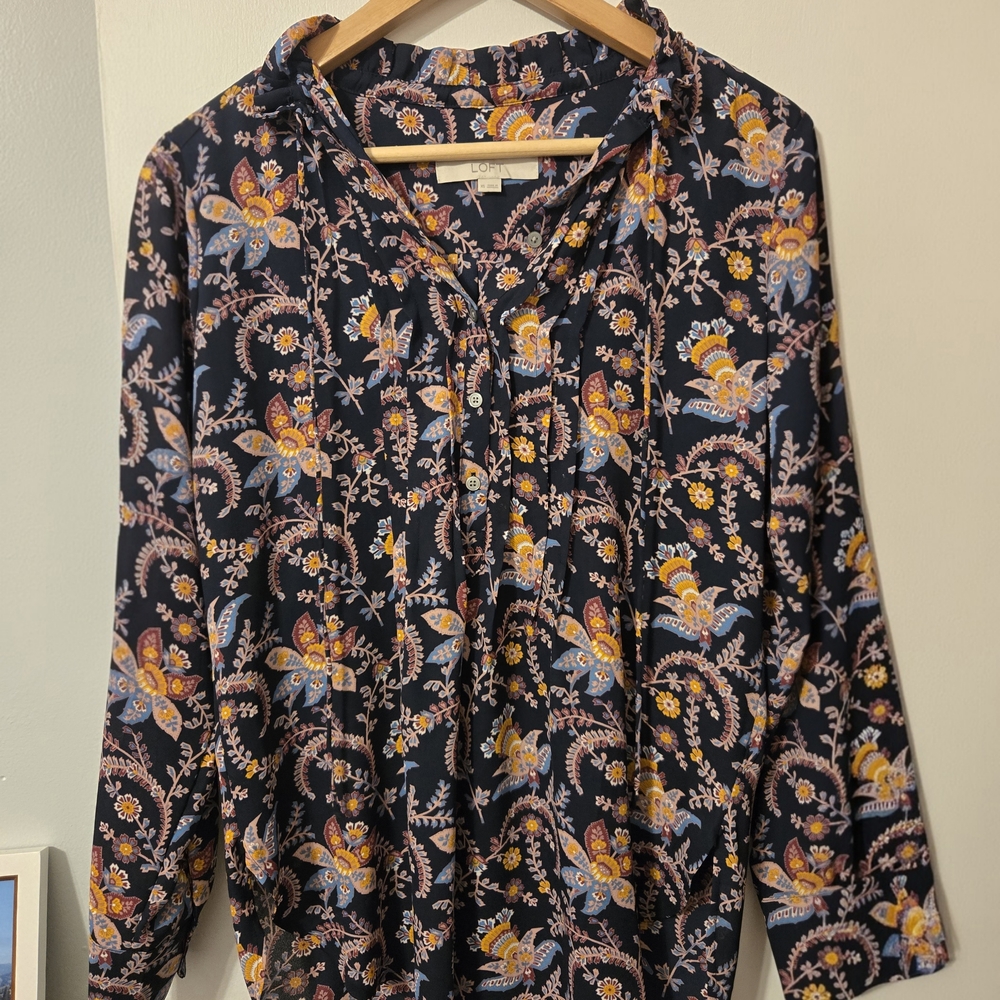 LOFT Navy Paisley Button Down Tunic Blouse